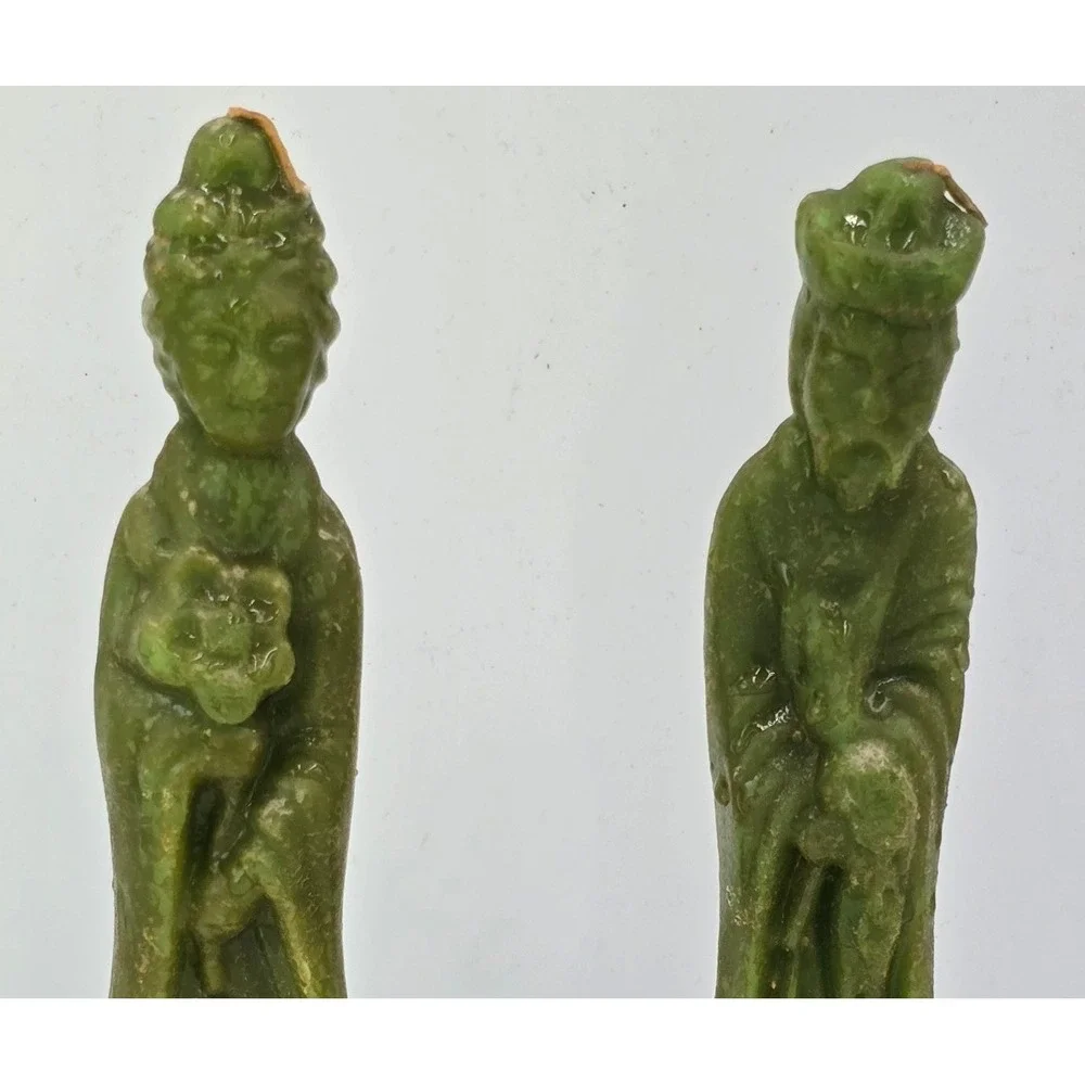 Vintage Ceremonial Jade Green Chinese Figure Carved Wax Candles Pair Unused